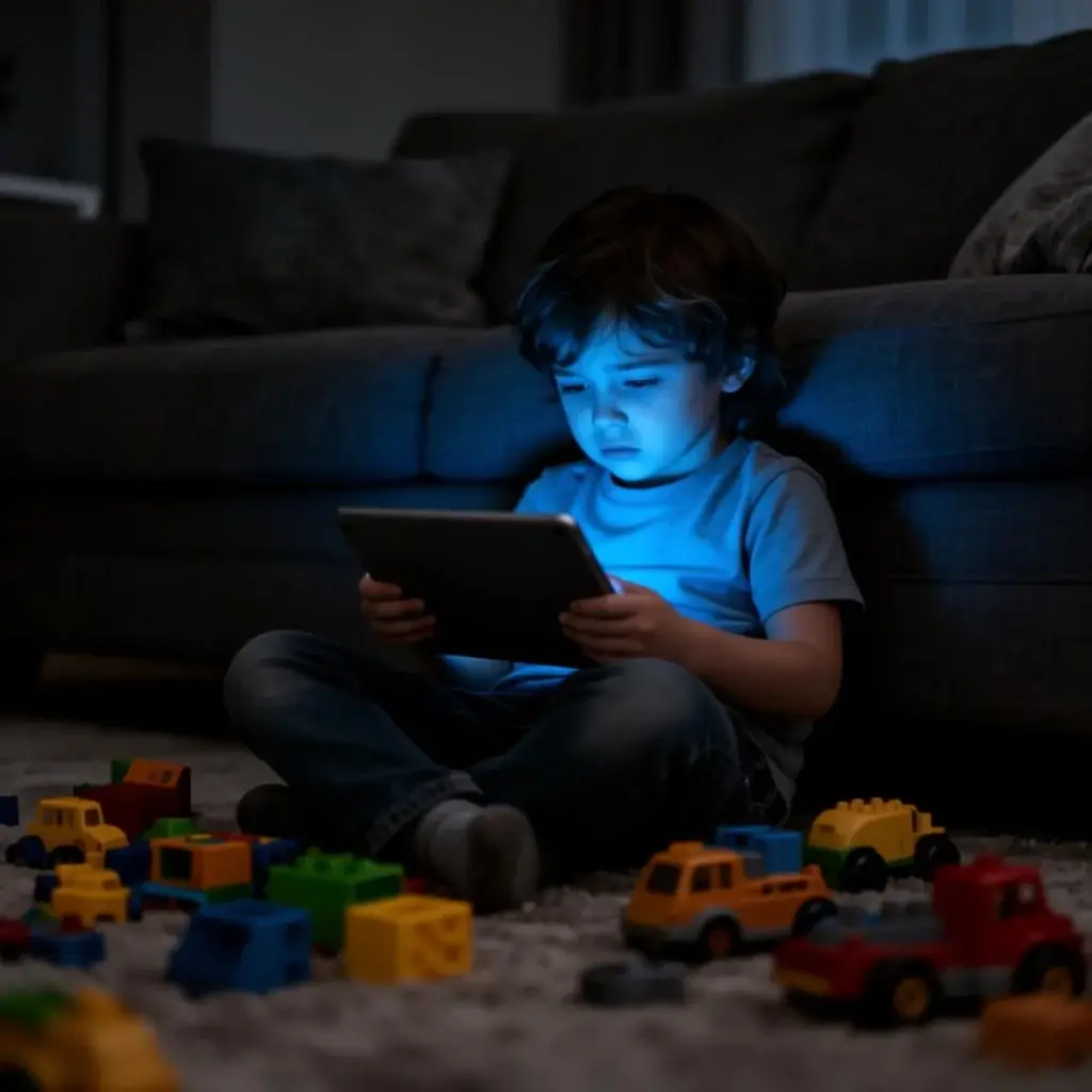 Criança sozinha no escuro absorvida pelo tablet, com os brinquedos esquecidos no chão