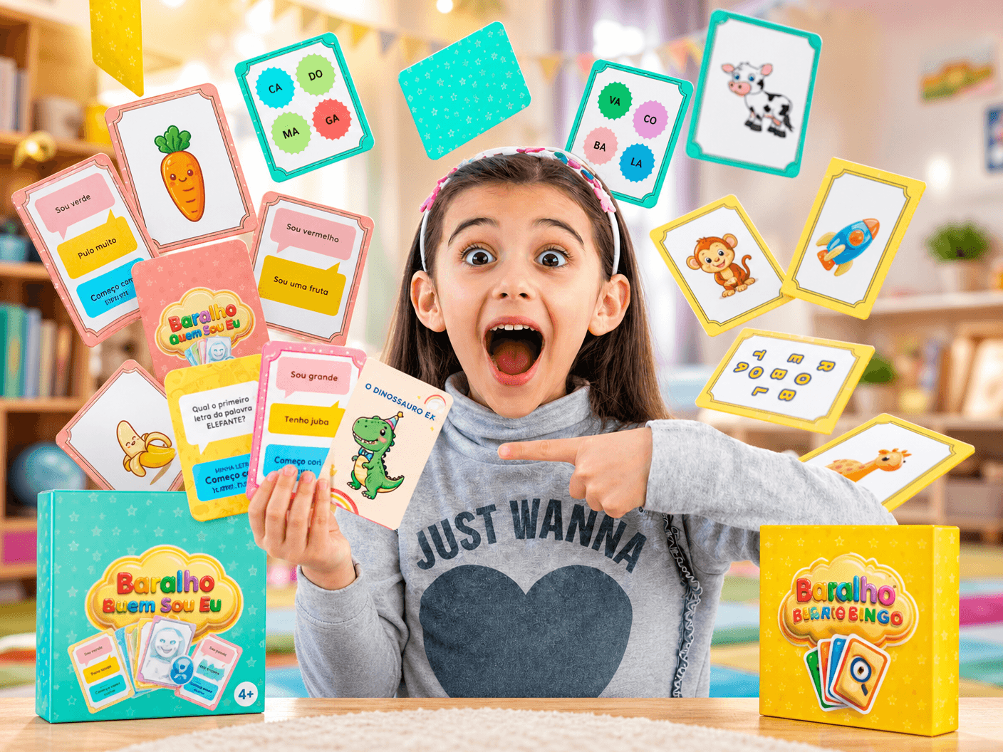Menina sorrindo de surpresa segurando cartas, totalmente engajada na atividade